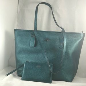 Coach City ZipTote/Crossgrain Metallic DarkTeal.